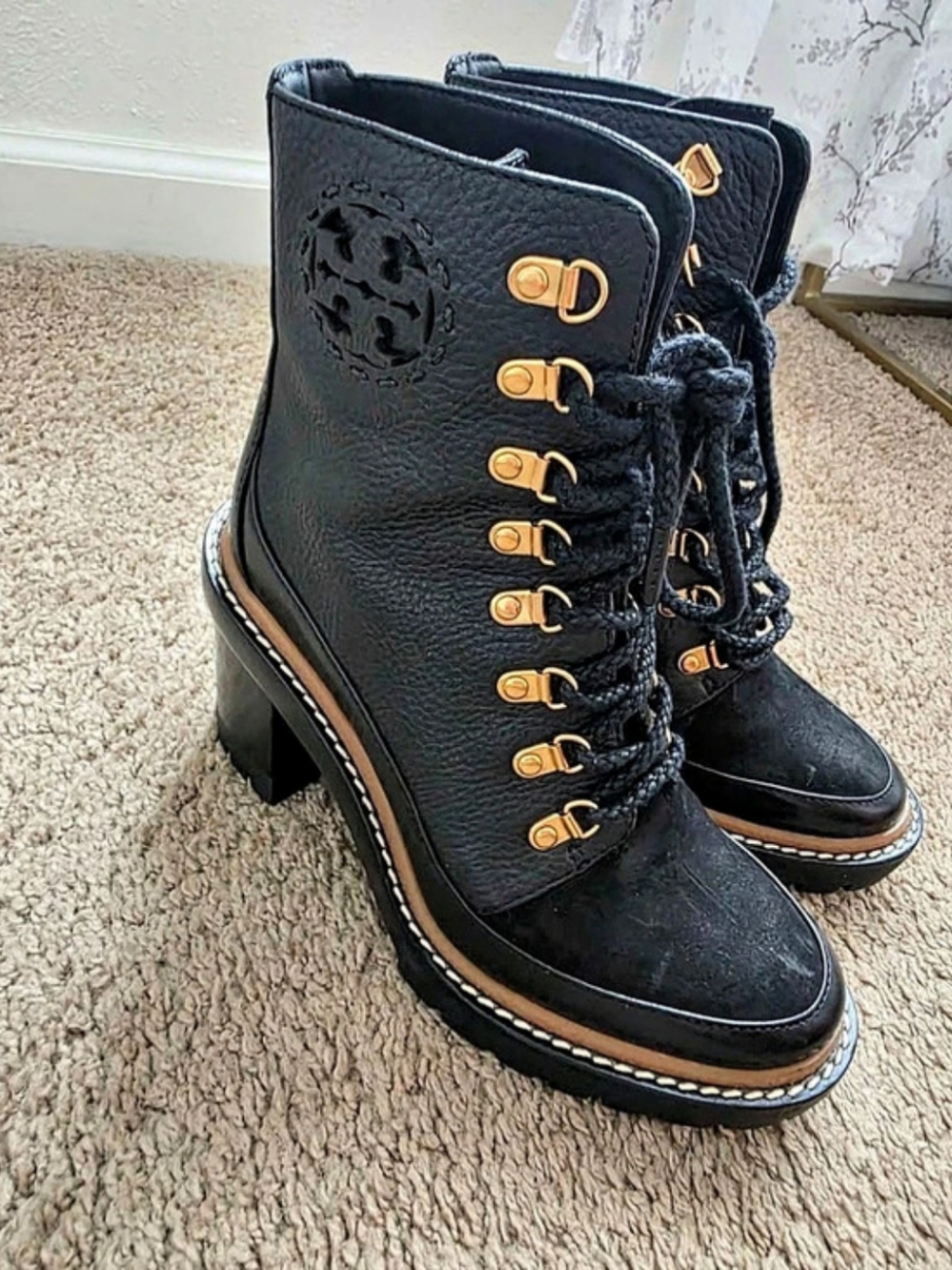 Tory Burch Miller 95mm Lug Sole Bootie Black Combat Boots Size 5